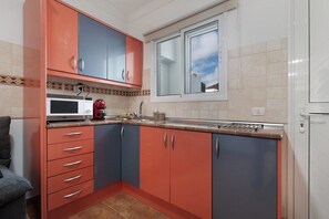 Fridge, microwave, stovetop, electric kettle