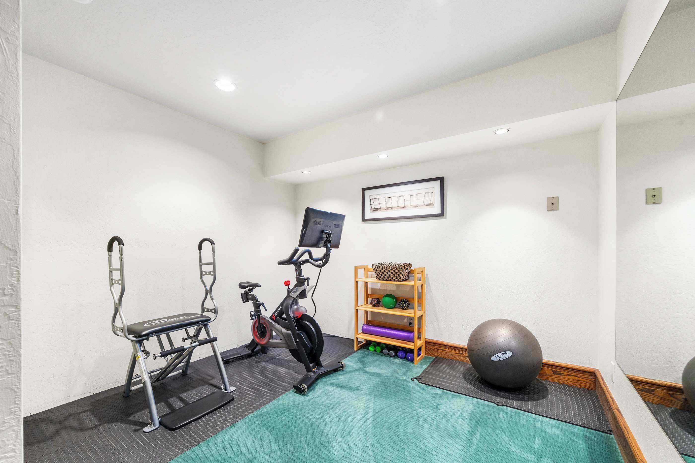 Um espaço pequeno e bem iluminado com uma bicicleta ergométrica, um esteira, uma prateleira com bolas de exercício e uma bola de ginástica grande.