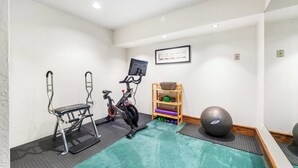 Pequeña habitación bien iluminada con una bicicleta estática, un stepper, un estante con balones de ejercicio y un balón grande.