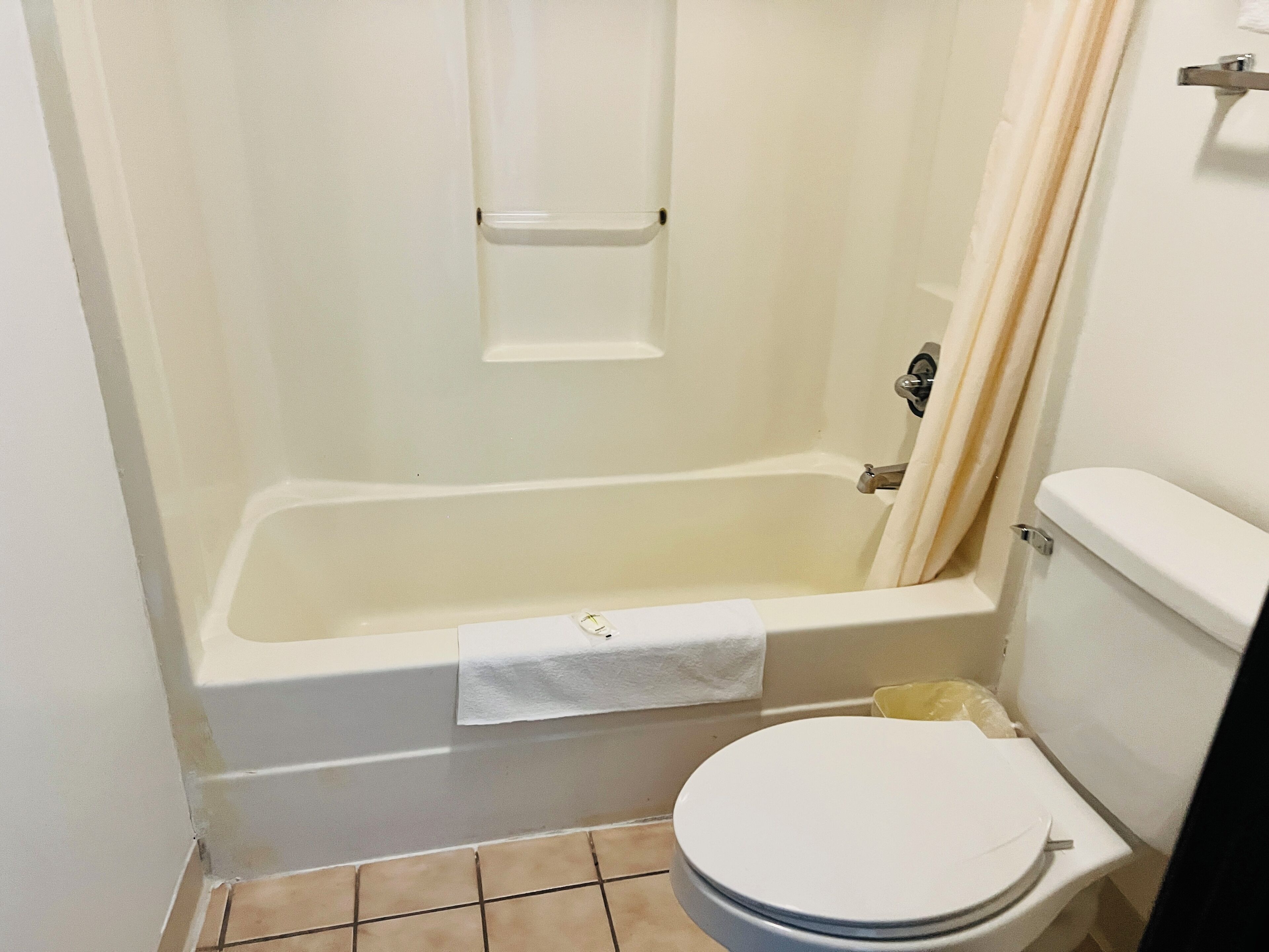Une salle de bain avec une baignoire, des toilettes et un rideau de douche.