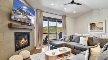 Smart TV, fireplace, books