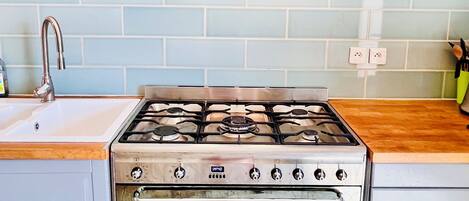 Une cuisine équipée d’une cuisinière à gaz, d’un évier et d’un four encastré.