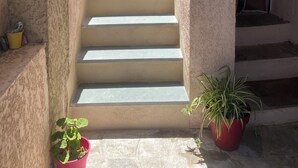 Un escalier menant à un niveau supérieur, bordé de murs et agrémenté de plantes en pot.
