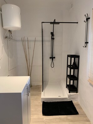 Shower, bidet, towels, soap
