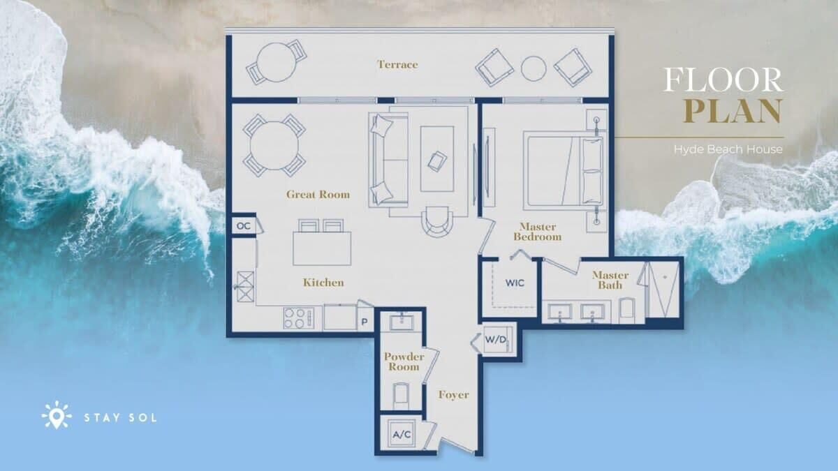 Een plattegrond van Hyde Beach House, met een terras, ruime woonkamer, keuken, master slaapkamer, master toilet, gasten toilet, hal en badkamer.