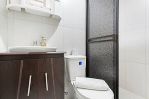 Hair dryer, towels, soap, toilet paper