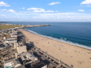 Un paysage urbain côtier avec une vaste plage, une promenade et des bâtiments le long du rivage.