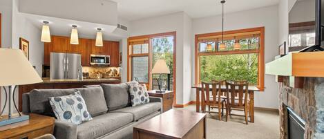 TV connectée, cheminée, lecteur de DVD