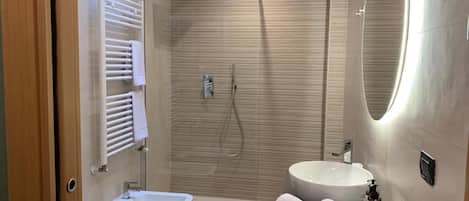Shower, hair dryer, bidet, towels
