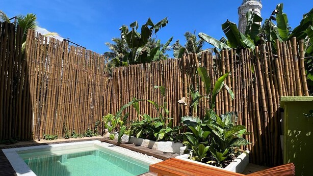 A wooden deck with a pool, surrounded by bamboo fencing and tropical plants. - Triton Dondra (Dondra)