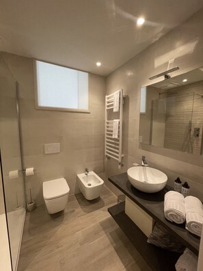 Dusche, Haartrockner, Bidet, Handtücher