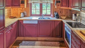 A kitchen with wooden cabinets, a sink, a dishwasher, and a stove. - Beautiful home in Rjukan with sauna (Rjukan)