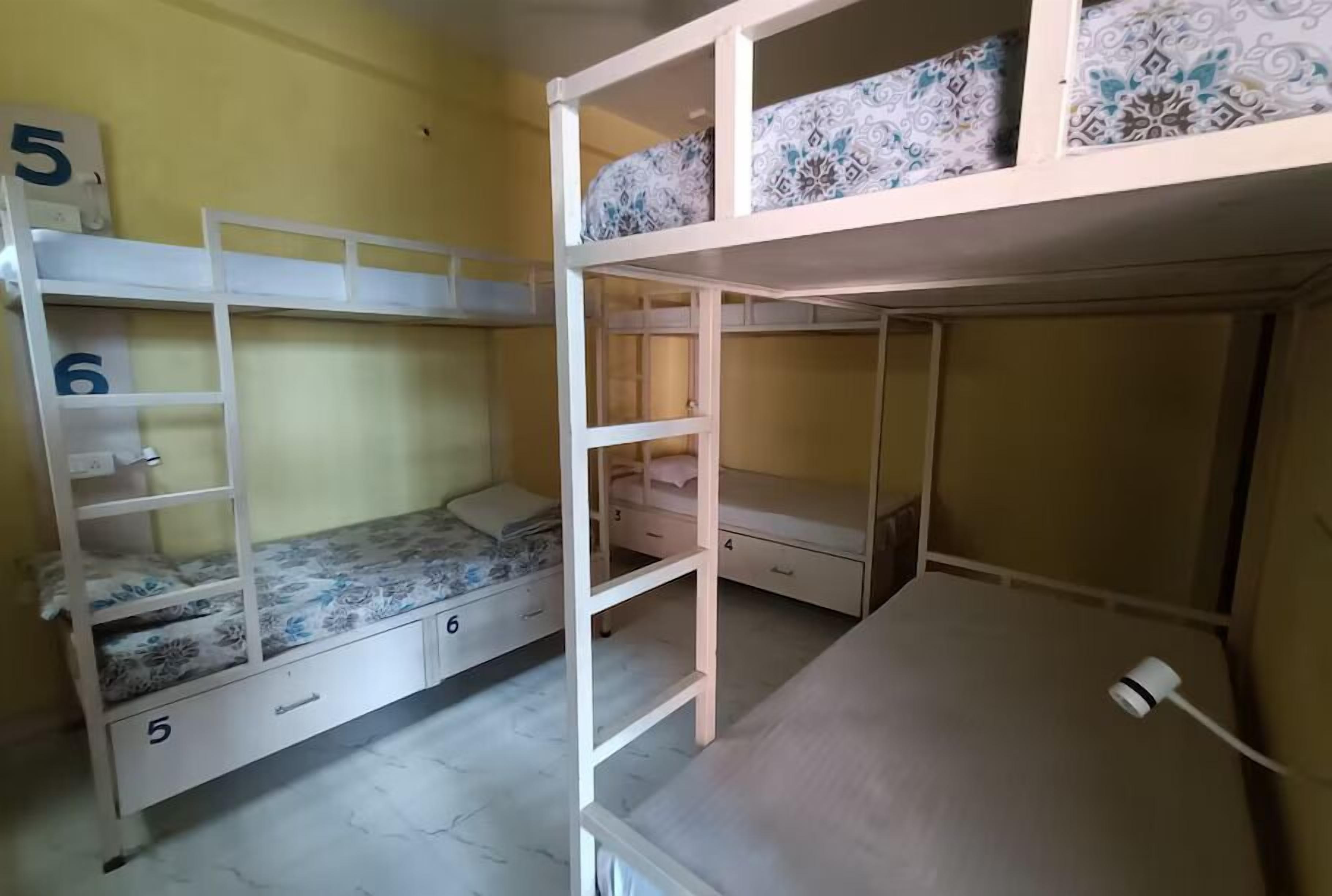 Habitación con literas numeradas, un escritorio y una silla.