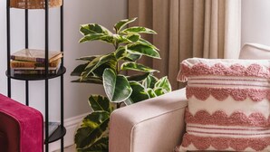 A living room with a beige sofa, a red chair, a black metal side table with books, and a large green plant. - Crescent Retreat- Windermere centre (Windermere)