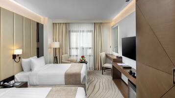 In-room safe, desk, laptop workspace, blackout curtains