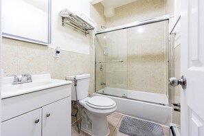 Hair dryer, bidet, towels, soap