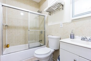 Hair dryer, bidet, towels, soap