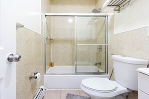 Hair dryer, bidet, towels, soap