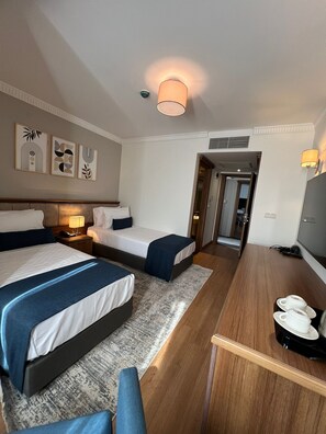 Escritorio, tabla de planchar con plancha, wifi gratis y ropa de cama