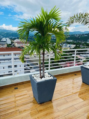 A balcony with a potted palm tree, wooden flooring, and a view of a cityscape with buildings and mountains in the background. - Island vibes Oasis with a beautiful Pool (Kingston)
