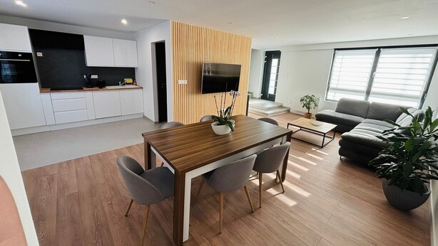 Un appartement moderne comprenant une cuisine, un coin repas et un salon.