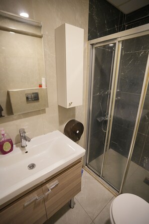 Dusche, Haartrockner, Handtücher, Seife