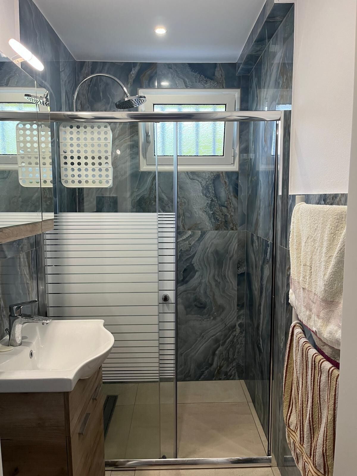 Shower, hair dryer, towels