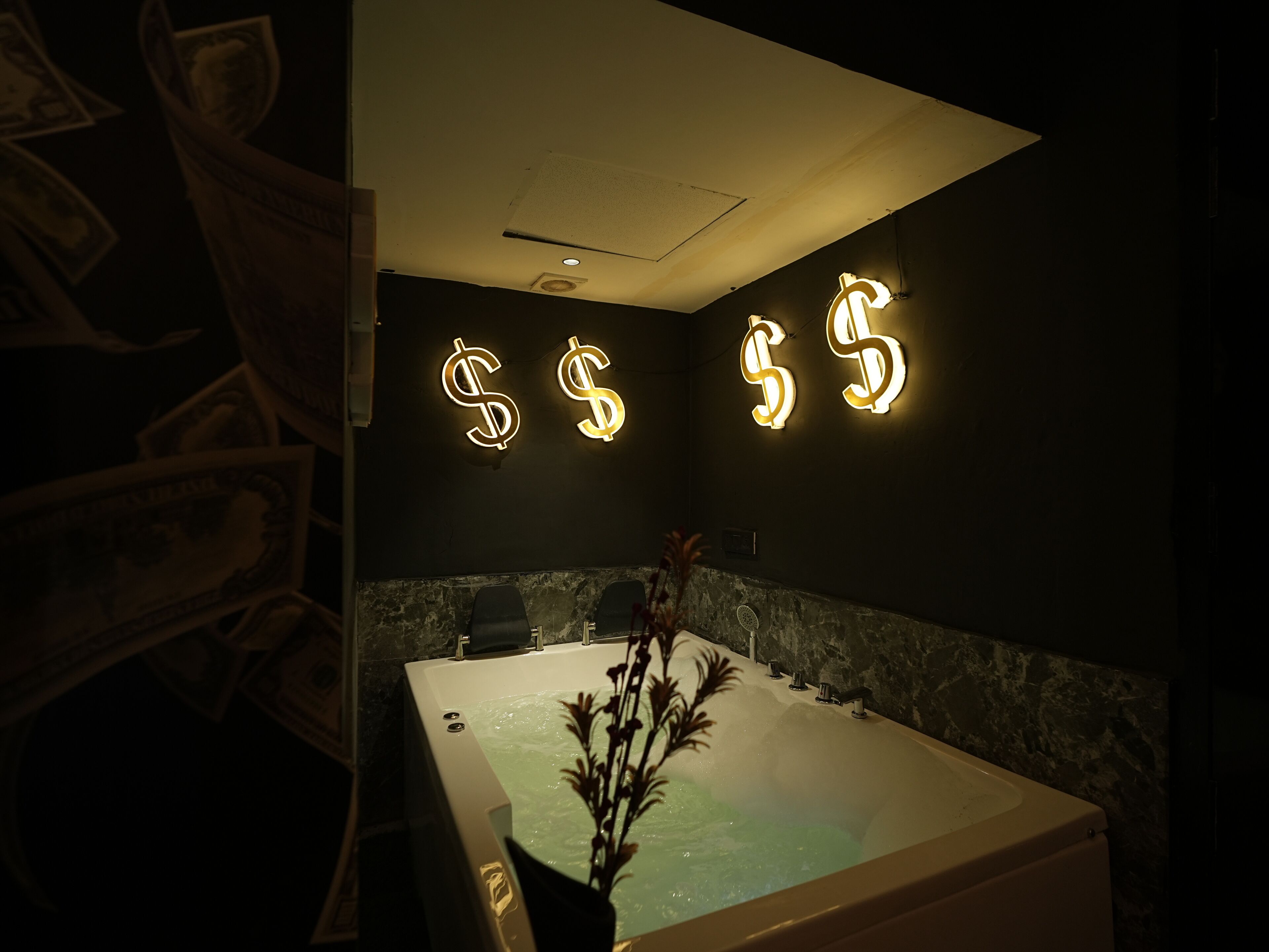 A dimly lit room with a large bathtub, a wall with illuminated dollar sign decorations, and a plant in the bathtub.