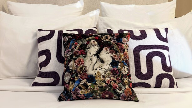 A hotel room with a bed, white pillows, and a decorative pillow with floral patterns. There are four framed artworks on the wall above the bed. - Hyper-centre de Perpignan : Studio chic à deux pas de tout ! (Perpignan)