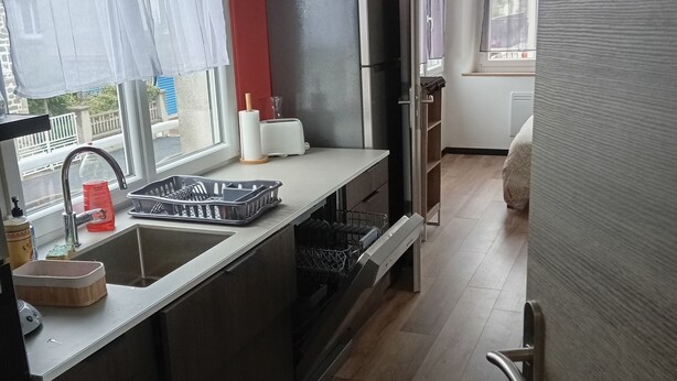 A modern kitchen with a stainless steel sink, a built-in dishwasher, and a large refrigerator.