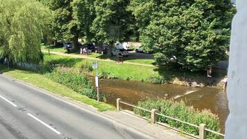 A road with a sidewalk and a small stream. There are trees and parked cars along the side of the road.