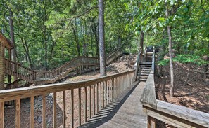Walk along the winding boardwalk through a serene forest, surrounded by towering trees.