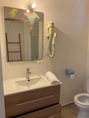 Secadora de cabello, toallas, jabón, papel de baño 