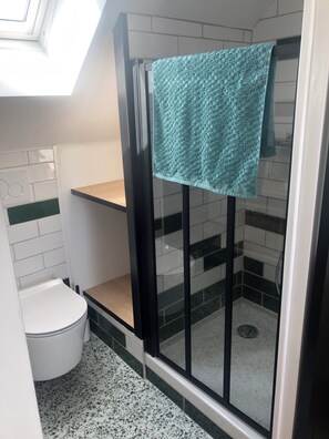 Shower, hair dryer, towels, soap