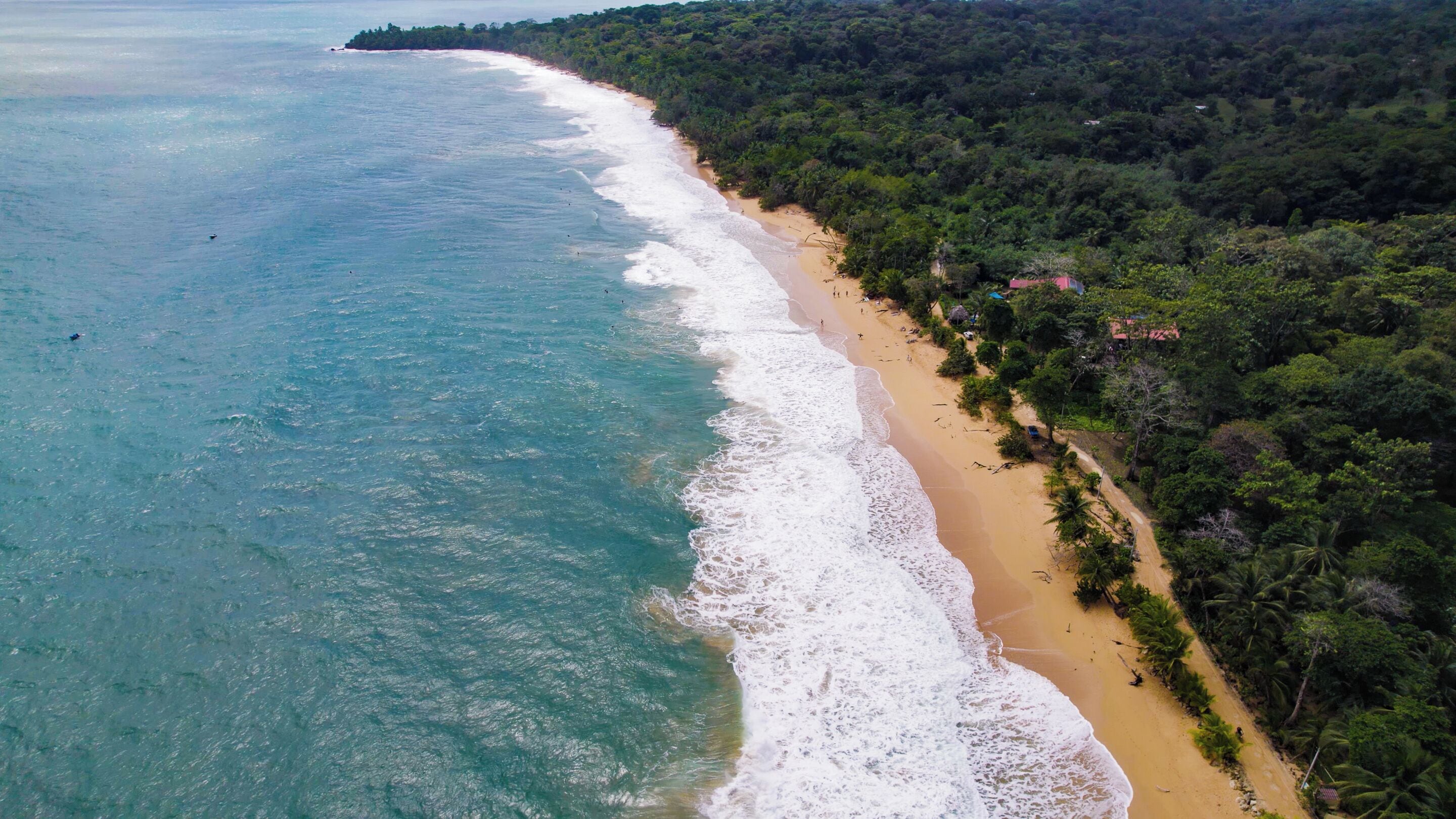 An aerial view of a beach with clear turquoise waters, a sandy shore, and dense tropical vegetation.