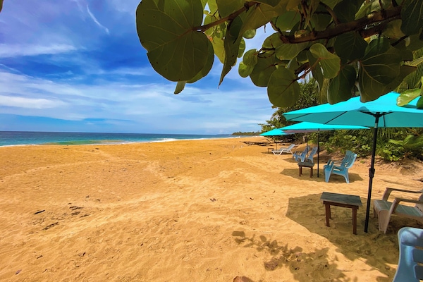 Beach nearby, white sand, sun-loungers, beach umbrellas