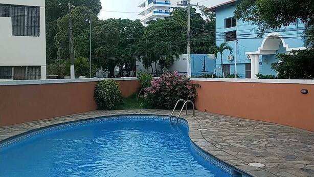 Una piscina con plataforma de piedra, rodeada por un muro bajo y vegetación.