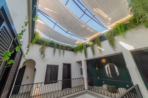 Un interno moderno con un lucernario, piante verdi e uno specchio circolare.