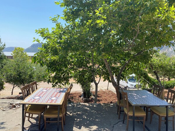 An outdoor dining area with tables and chairs under a tree, overlooking a scenic landscape. - Tarih Otel Nemrut (Kahta)
