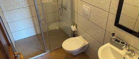 Un baño con cabina de ducha de vidrio, inodoro y lavamanos.