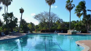 A swimming pool with clear blue water, surrounded by palm trees and lounge chairs.