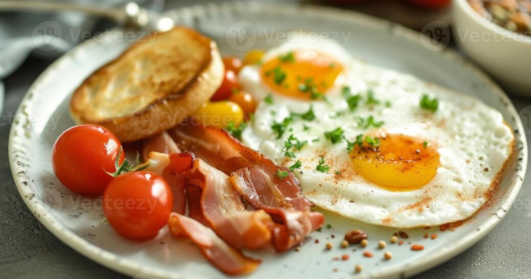 A plate with eggs, bacon, tomatoes, and toast.