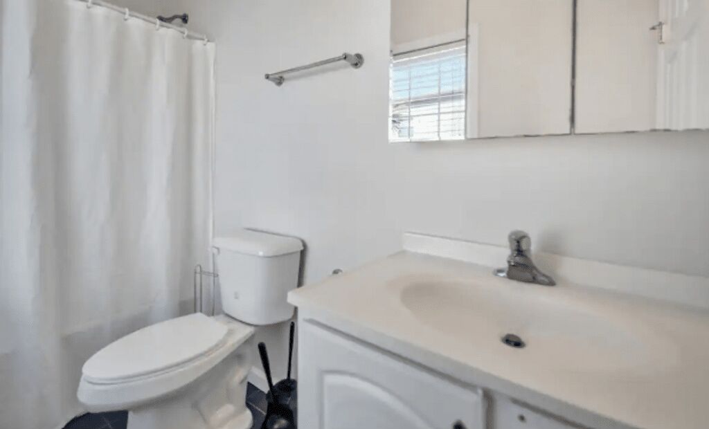 Une salle de bain avec des toilettes, un lavabo et un rideau de douche.