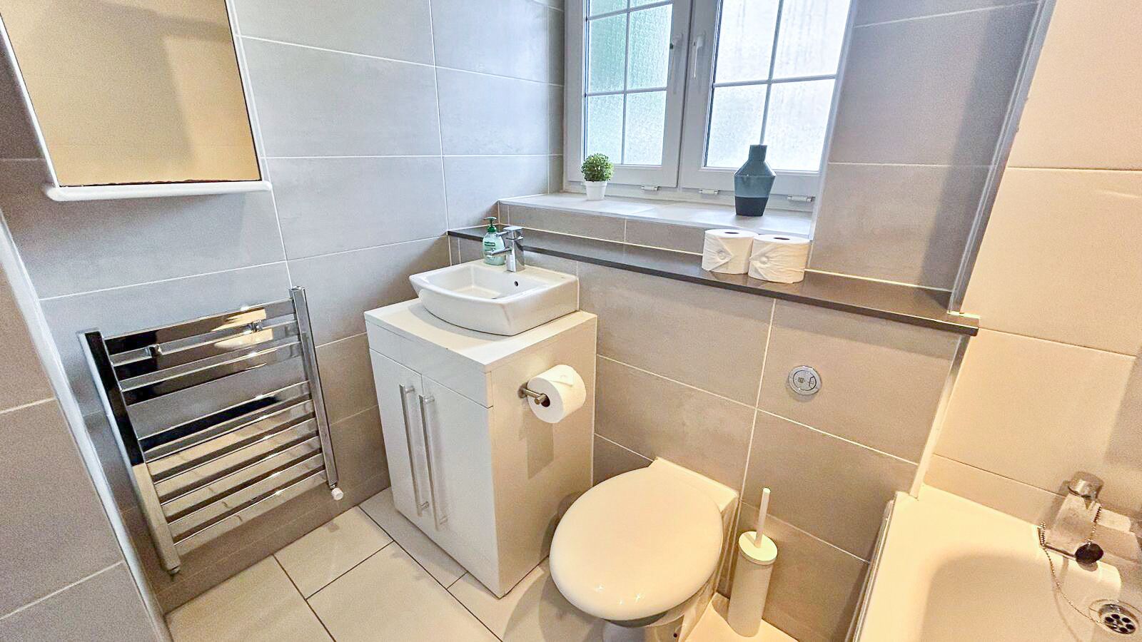 Eco-friendly toiletries, hair dryer, towels