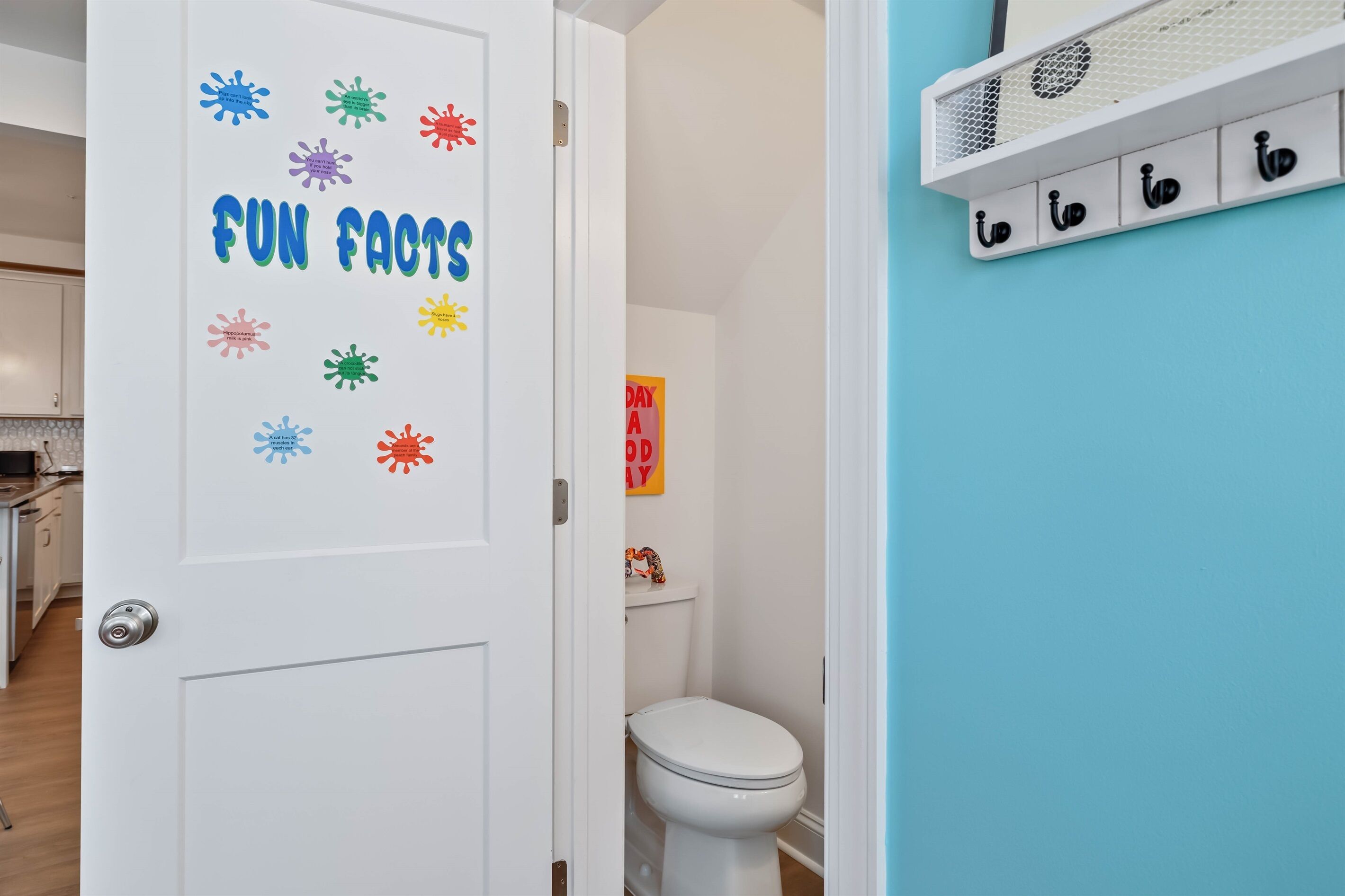 Een badkamer met een witte deur met een 'Fun Facts' sticker, een toilet en een plank met haken.