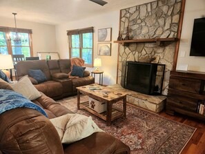 Smart TV, fireplace, books