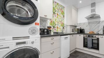 Fridge, microwave, oven, dishwasher