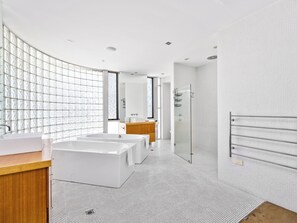 Shower, hair dryer, towels