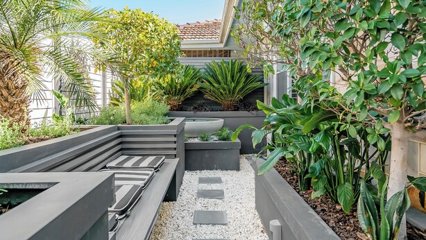A modern outdoor patio area with a variety of plants, a seating area with benches, and a pathway.