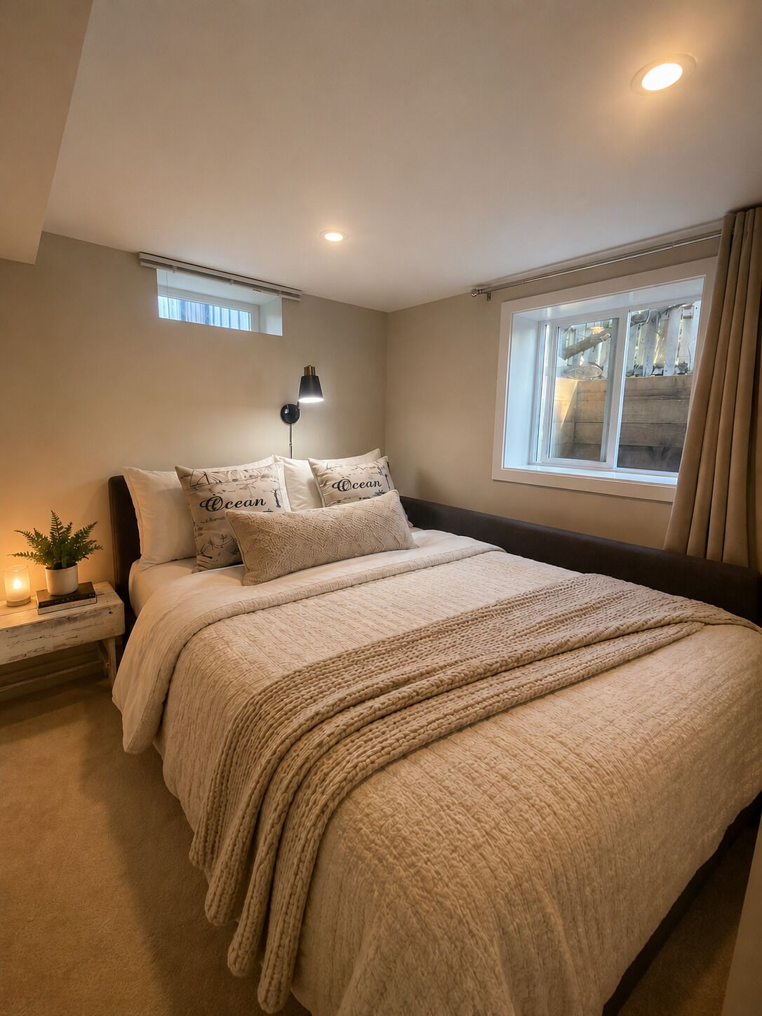 Un dormitorio con cama, mesita de noche, lámpara, ventana y cortinas.